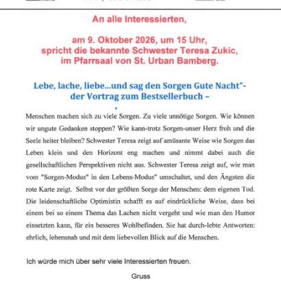 Herzliche Einladung zum Vortrag mit Schwester Teresa.