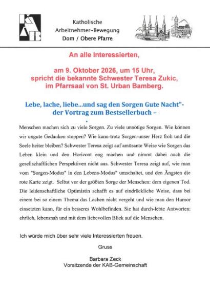 Herzliche Einladung zum Vortrag mit Schwester Teresa.