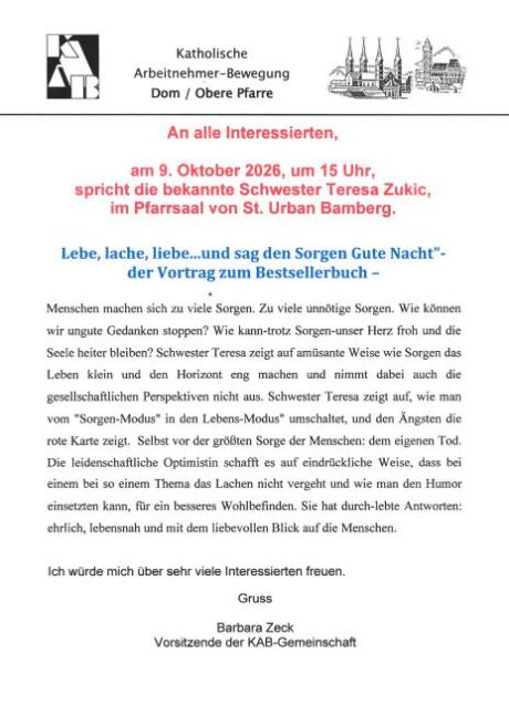 Herzliche Einladung zum Vortrag mit Schwester Teresa.