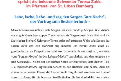 Herzliche Einladung zum Vortrag mit Schwester Teresa.