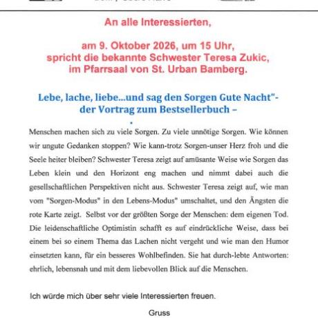 Herzliche Einladung zum Vortrag mit Schwester Teresa.